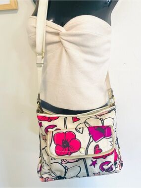 Vintage Coach Poppy Kyra Floral Graffiti Cream Sateen Crossbody Bag Y2K